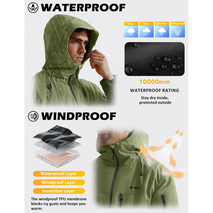 Чоловіча лижна куртка GEMYSE з інтегрованими лямками та капюшоном. Тепла зимова куртка, водонепроникна вітрозахисна куртка для сноубордингу та походів. Колір: хакі.