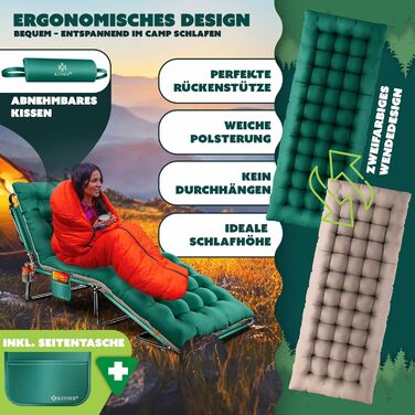 Кемпінгове ліжко KESSER® розкладне з сумкою, подушкою, кишенею та тримачем для напоїв, 190 x 68 x 30 см, до 250 кг, Oxford-тканина, сталеве шасі, для саду та кемпінгу (зелене/таупе)