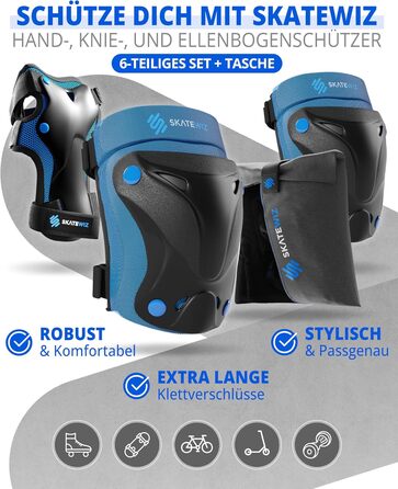 Набір захисту SKATEWIZ 6 шт. для дітей та дорослих: наколінники, налокітники, захист зап'ястя. З сумкою. Protect-1, колір блакитний, розмір XS.