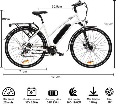 Електровелосипед VecoCraft Athena 28'' для міста, 250Вт, 36В, 10/13А·год, Shimano 8-швидкостей, для жінок і чоловіків, білий, StVZO