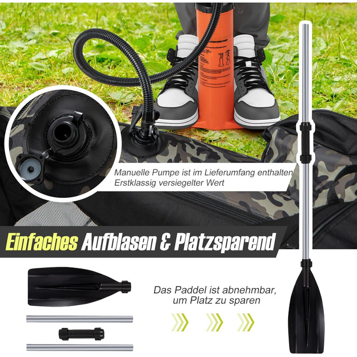 Надувне рибальське човен GYMAX: компактне belly boat з насосом, веслами та регульованими ременями. Міцне, до 150 кг, з лінійкою для риби, камуфляж.