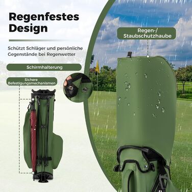 Сумка для гольфу COSTWAY Standtasche з підставкою, 8 відділень, водонепроникна накидка, легка, з 5 кишенями та підставкою для олівців, для чоловіків та жінок (Зелена)