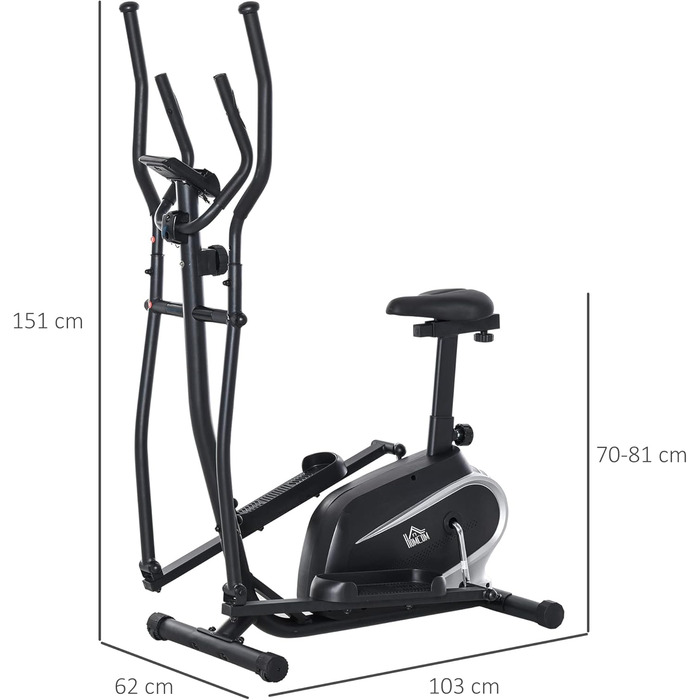 Еліптичний тренажер HOMCOM для дому з магнітною системою опору, 8 рівнів навантаження, 3 кг маховик, LCD-дисплей, до 100 кг