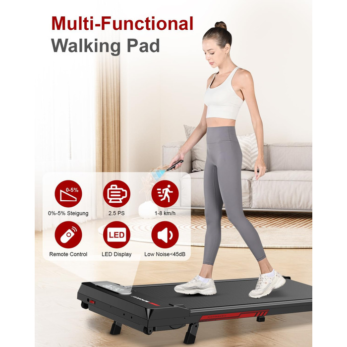 Walking Pad для дому HomeFitnessCode: електричний біговий килимок з нахилом, 1-8 км/год, чорно-червоний