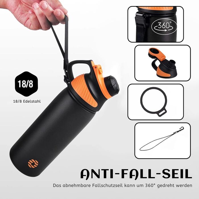 Фляга спортивна Fjbottle Edelstahl 1 л з магнітною кришкою, BPA-free, чорна - пляшка для води, школи, фітнесу