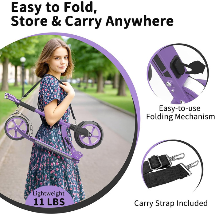 Дитячий самокат Beeliv Roller Kinder з великим колесом 230 мм, LED-підсвітка, регульована висота, ремінь, складаний, для дітей, підлітків, дорослих (фіолетовий)