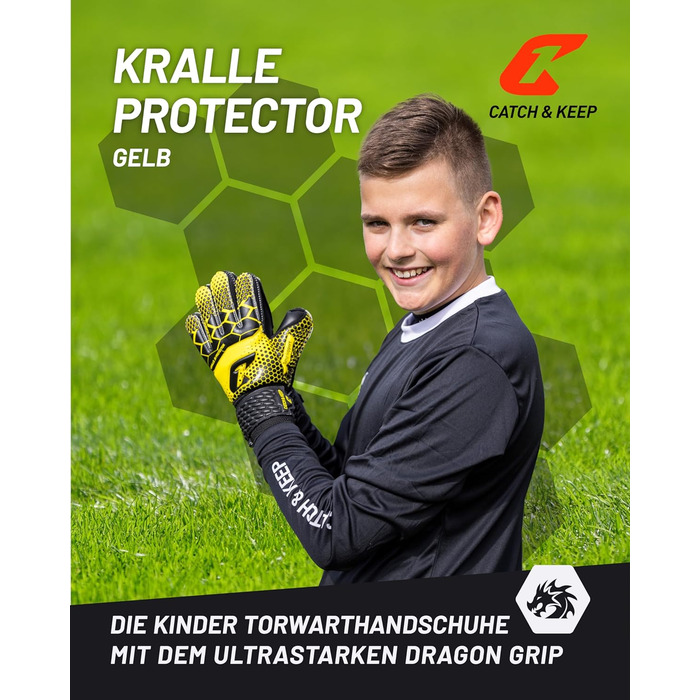 Дитячі воротарські рукавички CATCH & KEEP® Protector з посиленим захистом пальців, преміум якість, жовті, розмір 3