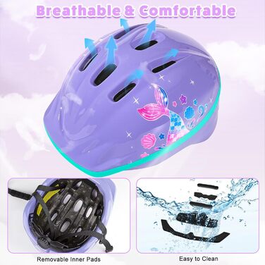 Дитячий шолом та захист для велосипеда/скейтборда, 3-8 років, дівчинка, LED-ліхтарики, регульовані наколінники та налокітники, комплект, фіолетовий, русалка