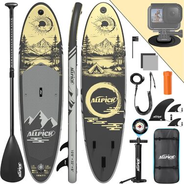 Надувний SUP Борд ALLPICK Premium Set: Комплектація для початківців та професіоналів, камера, аксесуари, регульоване весло, 200 кг, сіро-золотий