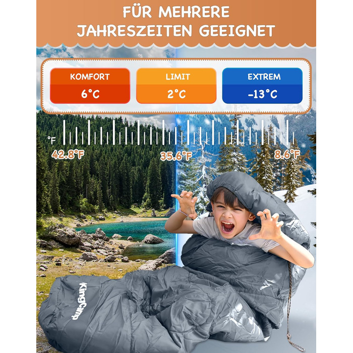Сплячий мішок KingCamp для дітей та дорослих, 3-4 сезони, двошаровий, теплий, сірий, для кемпінгу та походів, 165x70x45 см