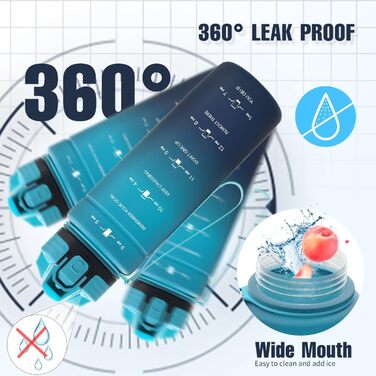 Спортивна пляшка для води Tritan 1L/500ml/700ml/1500ml, BPA-free, з маркуванням часу, витокозахисна, для фітнесу, велосипеду, відпочинку, йоги, спортзалу, школи, 1000ml, темно-зелений, темно-синій