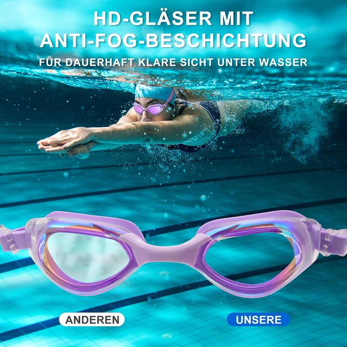 Окуляри для плавання Unisex дорослі Anti-Fog, UV-захист, герметичні, 3D-силікон, фіолетові + комплект аксесуарів (чохол, шапочка, затискач для носа, беруші)