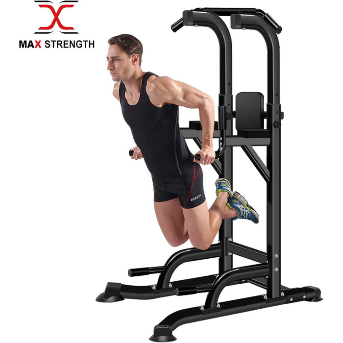 MAXSTRENGTH Багатофункціональний турнік-стійка для віджимань, вертикальне піднімання колін, турнік для підтягувань, чорний