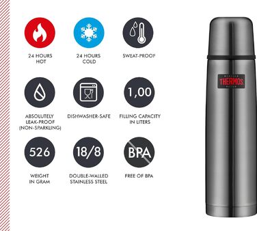 Термос із нержавіючої сталі Thermos Light & Compact 1 л, сірий, із чашкою, 24 год гарячий/холодний, герметичний, без BPA, для напоїв, підходить для посудомийної машини