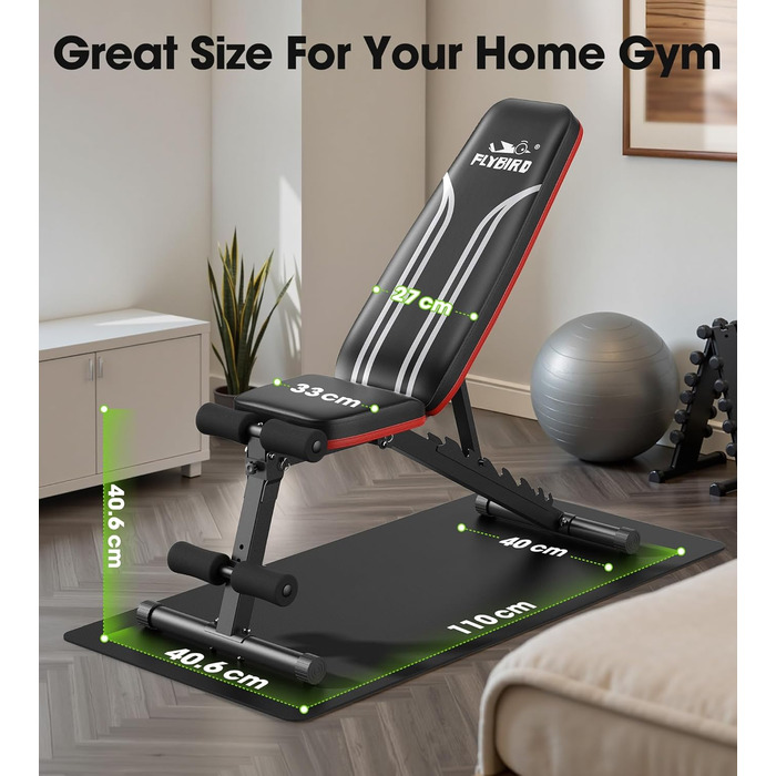 Тренувальна лава FLYBIRD багатофункціональна, 8 положень спинки/3 положення підніжки, вантажопідйомність 300-318 кг, складана, для дому, чорно-червона