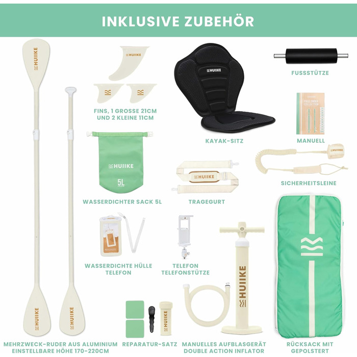 Надувний SUP-борд HUIIKE Stand Up Paddle Board з аксесуарами: весло, фіни, насос. Стабільний та міцний, 305 × 84 × 15 см, до 130 кг (Paulownia Mint - Full Pack)
