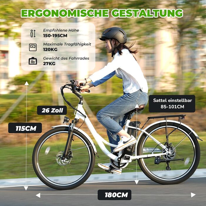 Електровелосипед 26'' з знімним акумулятором 36В 13А·год до 90 км, 250Вт, 7-швидкостей, LCD-дисплей, для міста, для чоловіків і жінок, білий U2