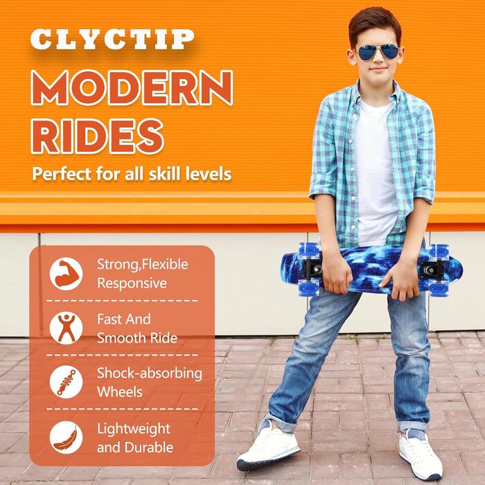 Скейтборд CLYCTIP 22 дюйми, міні круїзер з підсвічуванням, ABEC-11 підшипники, для дітей та початківців (Синій)