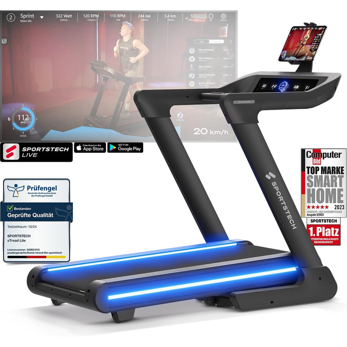 Біговий тренажер Sportstech sTread Pro/Lite: 20 км/год, 17% нахил, 150 кг, LED, APP, тихий 7PS мотор, велика поверхня для бігу