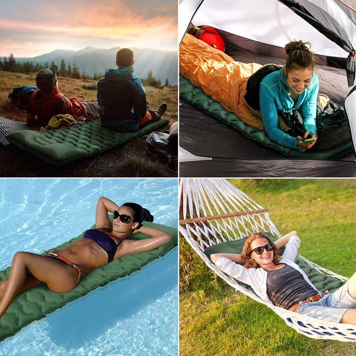 Килимок для кемпінгу Isomatte Camping Ultraleicht: надувний, легкий, водонепроникний, компактний, з подушкою, для туризму, відпочинку, спорту, подорожей, хакінгу. Зелений.