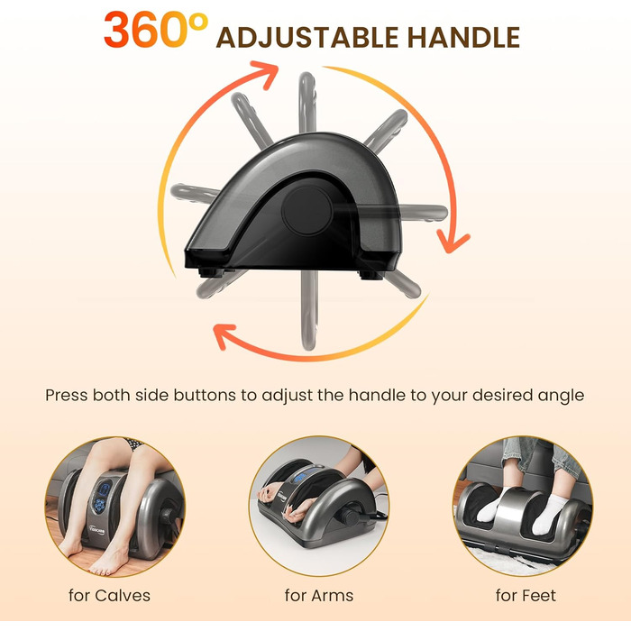 Електричний масажер для ніг TISSCARE з функцією шиацу, нагрівом, розминанням, роликами та натисканням. 360° регульована ручка. Для зняття болю, подарунок для жінок та чоловіків. Колір: сірий.