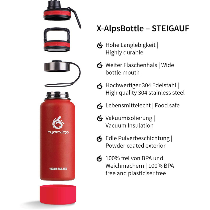 Гідрофляга hydro2go X-AlpsBottle 1 л, вакуумна термос пляшка з нержавіючої сталі, 3 кришки, герметична, для спорту та подорожей, Lava Red