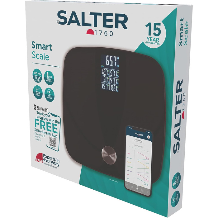 Електронна вага Salter для аналізу складу тіла – розумна вага з мультидисплеєм, 180 кг, 17 показників тіла (вага, жир, вода, м'язи, кістки, BMI, BMR), чорний колір