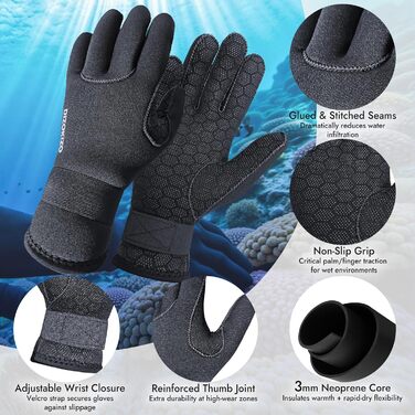PAWHITS Неопренові рукавички 3 мм для плавання, дайвінгу, каякінгу та серфінгу - чоловічі та жіночі, з антиковзким покриттям (з регульованими ремінцями, розмір L)