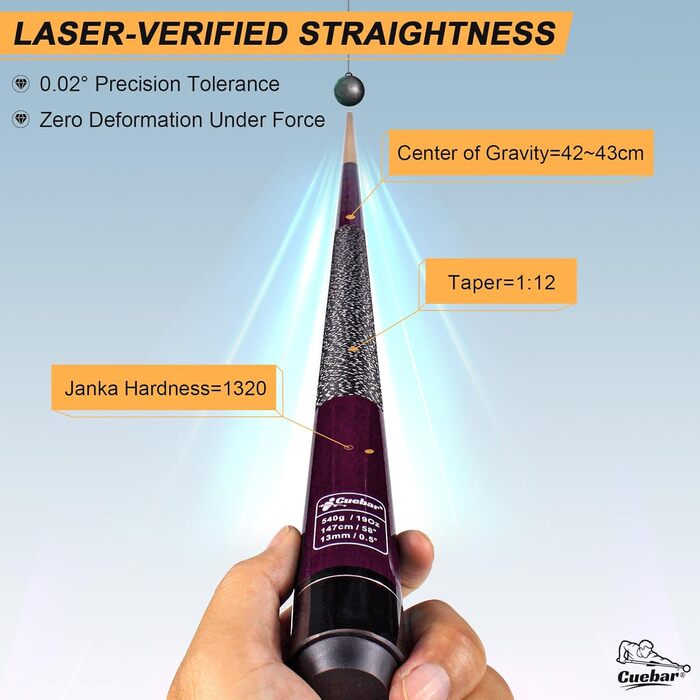 CUEBAR Більярдний кий CUEBAR, 147,3 см, 2-секційний з горіха, з наконечником 13 мм та льоновим грифом, для домашньої більярдної, для дорослих, 8 кольорів, 4 варіанти ваги (510 г, 538 г, 567 г, 595 г), колір: зелений (фіолетовий)