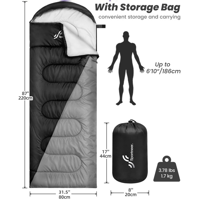 Сплячий мішок Outdoor Sportneer для дорослих та дітей - легкий, зручний, для кемпінгу, піших прогулянок, 220x80см, чорний+сірий