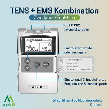Med-Fit 3 TENS + EMS Апарат для електростимуляції м'язів та знеболення (2 канали) - медичний прилад IIa класу для лікування болю в спині, ішіасу, артрозу, шиї, плечей та нарощування м'язів