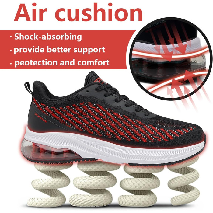 Кросівки для чоловіків та жінок: спортивні, легкі, з повітряною подушкою, для бігу та фітнесу, дихаючі, розміри 36-47 EU, чорний та червоний кольори