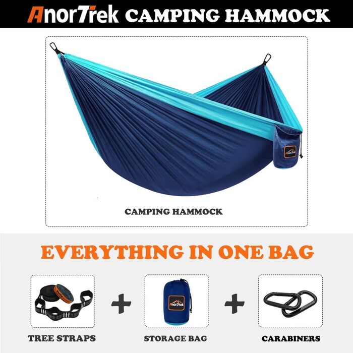 Гамак для кемпінгу AnorTrek, легкий, туристичний, з двома стропами, 280 x 140 см, блакитний/темно-синій