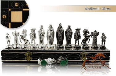 Розкішні шахи «Середньовіччя» Silver Edition 40 см — металеві шахові фігури та велика декоративна дерев'яна дошка