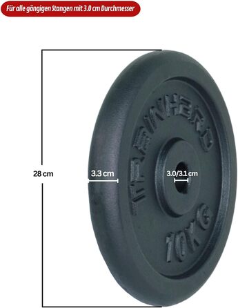 Набір млинців для штанги Train Hard, чавунні, 2×10 кг, отвір 30/31 мм