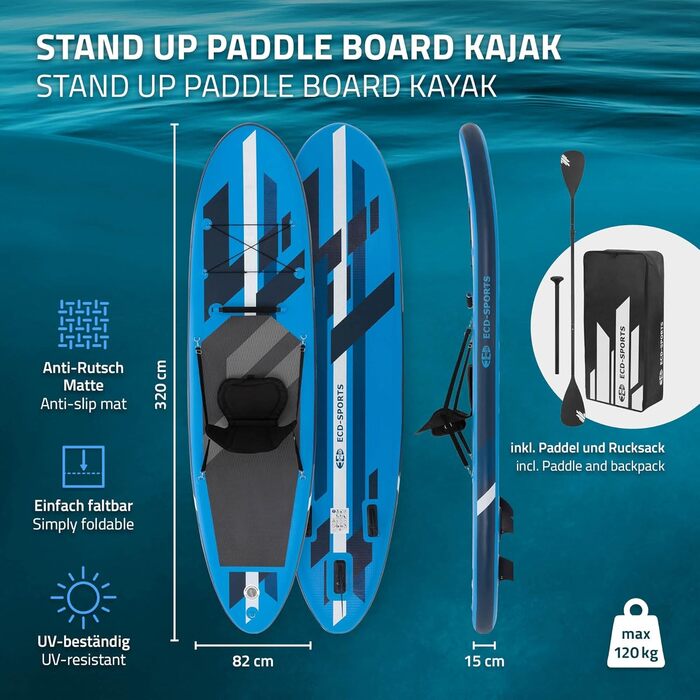 Надувна SUP-дошка ECD Germany з каяк-сидінням, 320x82x15 см, чорна/блакитна/бірюзова/сіро-оранжева, PVC, алюмінієве весло, повний комплект аксесуарів для серфінгу та веслування