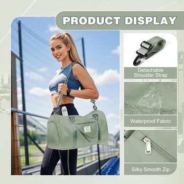WEPLAN спортивна сумка для жінок і чоловіків з відділенням для взуття та вологих речей, дорожня ручна поклажа, тренувальна сумка для фітнесу, басейну та подорожей, сіро-зелена