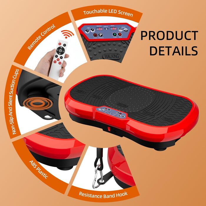 Вібраційна платформа TLGREEN з тихим мотором, 120 рівнів + 10 програм, з пультом, еластичні стрічки, для тренувань всього тіла, спалювання жиру (L-59x34x13cm, Червона)