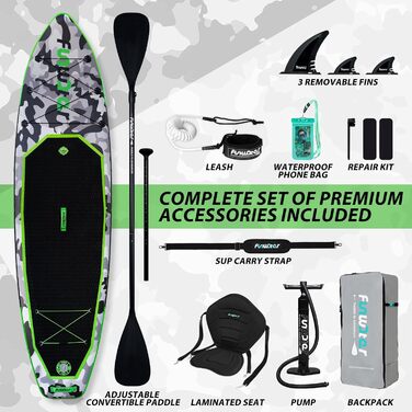 Надувний SUP Борд FunWater 10' Tarnserie: Комплект для веслування, з насосом, веслом та аксесуарами. Підходить для початківців та сімей