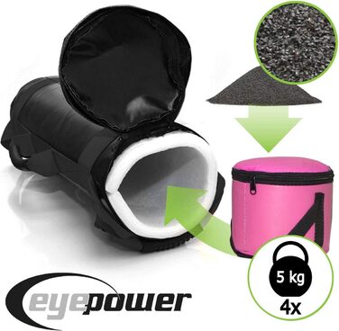 Мішок для тренувань EyePower 20 кг + 4 гантелі - заповнений піском - 6 ручок для фітнесу, для дому - 20x60 см, тренажер для пресу та спини, чорний