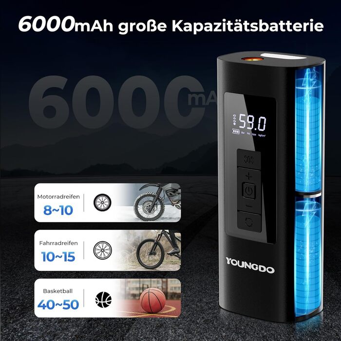 Електричний насос для велосипедів YOUNGDO 150PSI, акумуляторний компресор 6000mAh для всіх вентилів, мотоциклів та м'ячів