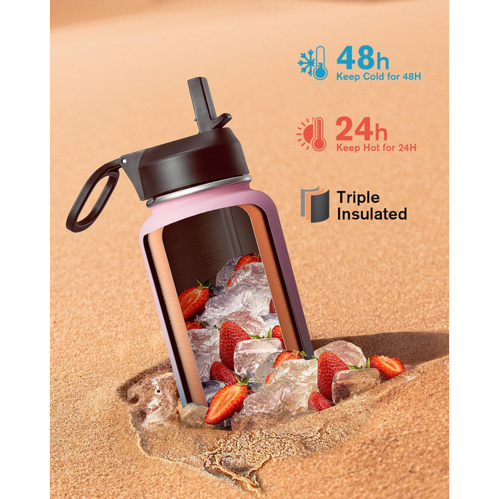 Термос-бутилка Coolflask 1180 мл з трубочкою, 3 кришки, металевий, вакуумний, для спорту та офісу, Bubble Gum