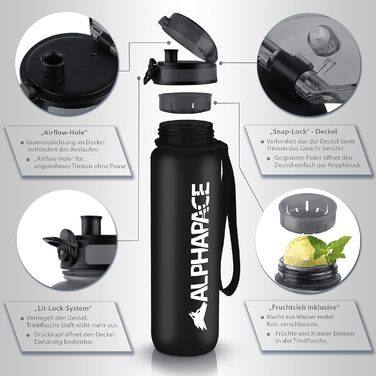 Спортивна пляшка Alphapace 1000 мл, без BPA, з фільтром для фруктів, чорна – для спорту, вело та відпочинку