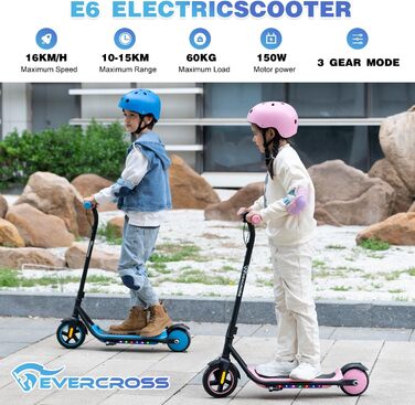 Електросамокат EVERCROSS E6 для дітей 6-12 років, легкий 7'', до 15 км, 3 швидкості, 7-кольорове підсвічування
