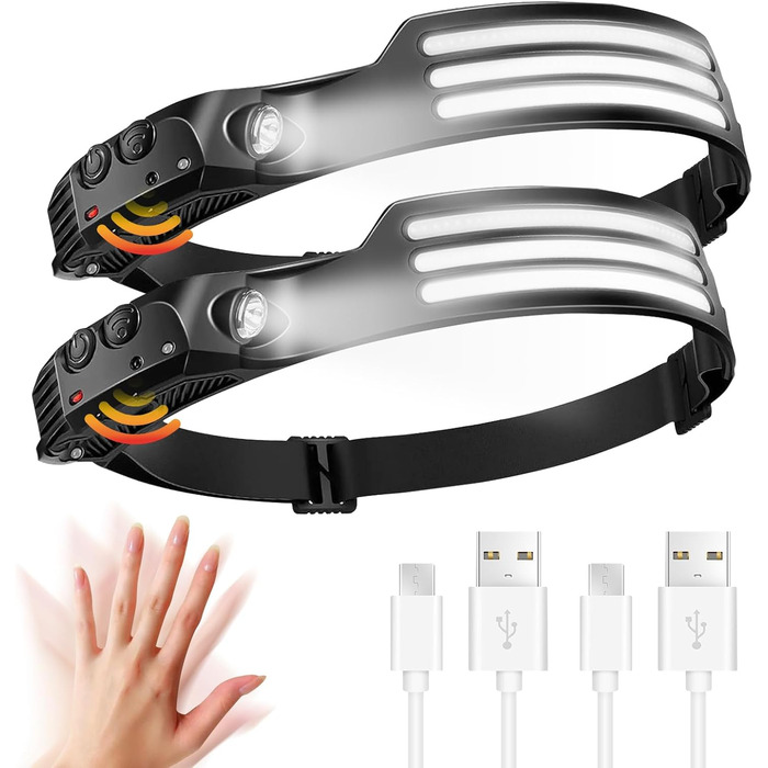LED налобний ліхтар, 2 шт., перезаряжається, 230° широкий кут огляду, 3 LED, датчик світла, водонепроникний, легкий, для бігу, риболовлі, 2 білих світлодіодів
