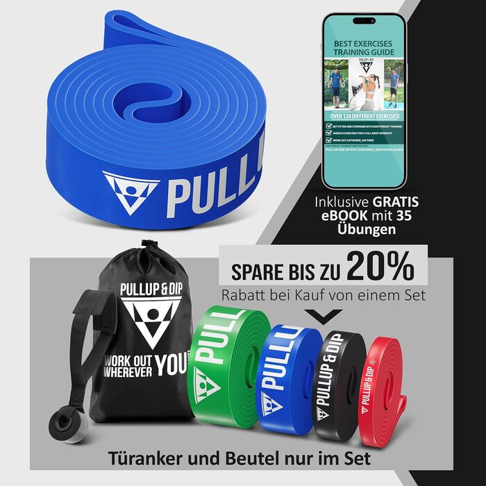 Еспандер-стрічка PULLUP & DIP Medium (синя) для фітнесу, каллістеніки, з сумкою, дверним якорем і посібником, гумова стрічка для підтягувань і тренувань