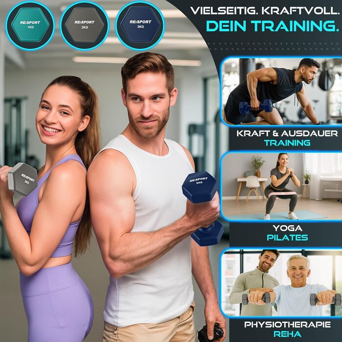 Набір гантелей RE:SPORT® 3 пари (1-5 кг, 12 кг або 18 кг) зі стійкою + 3 фітнес-гумки | Нековзкі гантелі з неопрену для жінок та чоловіків | Набір гантелей 12 кг, блакитний/сірий/темно-синій