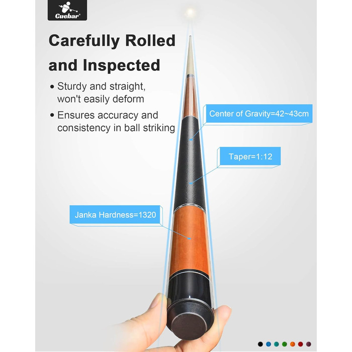 CUEBAR Більярдні кий для дорослих, 147 см, 2 частини, ручка з екошкіри, різні кольори (7 кольорів), вага 510-595 г