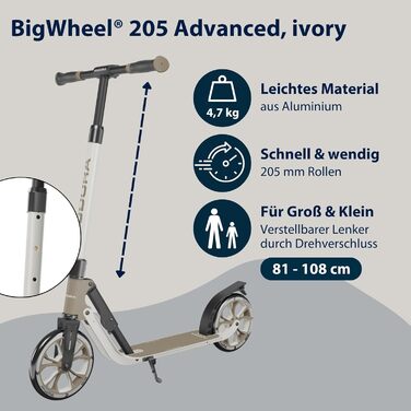 Самокат HUDORA BigWheel 205 Advanced з алюмінію, складаний, регульований, до 100 кг, для дітей, підлітків і дорослих