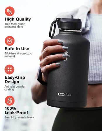 Ізольована пляшка для води Coolflask 2L з трубочкою та 3 кришками, з нержавіючої сталі, для спорту та офісу, подвійне вакуумне покриття, чорна, 2000 мл